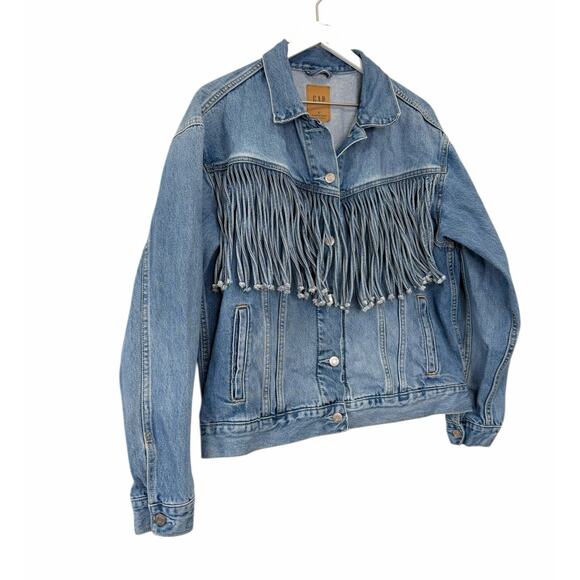 GAP Oversized Denim Fringe Jacket Women’s Small Tall Light Wash Western - Picture 9 of 10